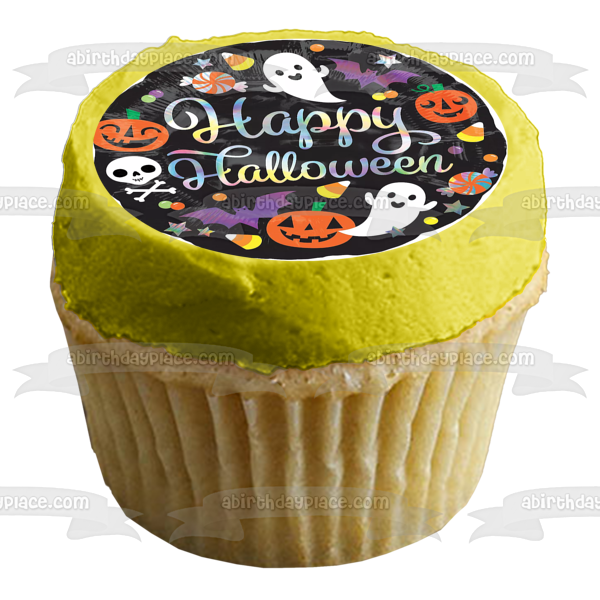 Feliz Halloween Fantasmas Murciélagos Caramelo Jack-O-Lanterns Adorno comestible para tarta Imagen ABPID52679 