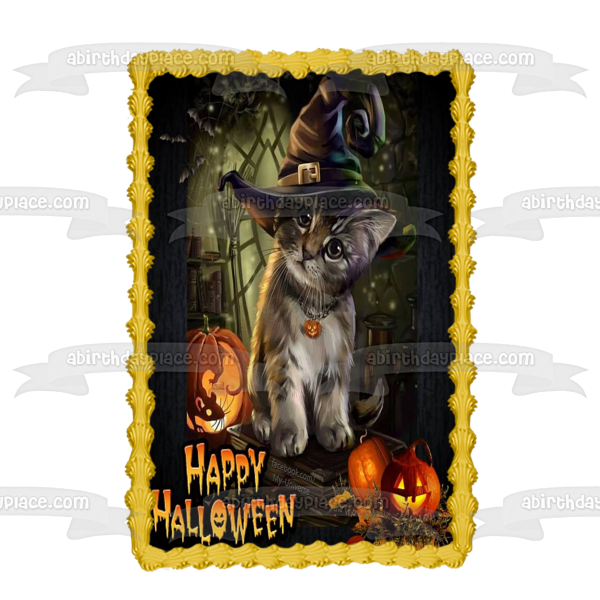 Feliz Halloween Gato con sombrero de bruja Jack-O-Lanterns Imagen comestible para decoración de tarta ABPID52681 