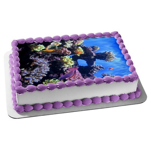 Imagen comestible para tarta con diseño de peces y corales de vida submarina en el océano ABPID52575 