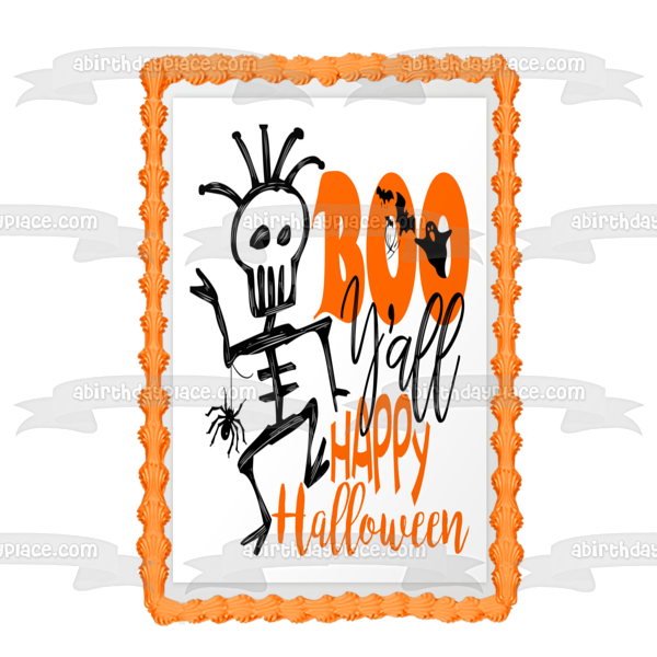 Boo Ya'll Happy Halloween Esqueleto Araña Fantasmas Murciélagos Decoración comestible para tarta Imagen ABPID52690 