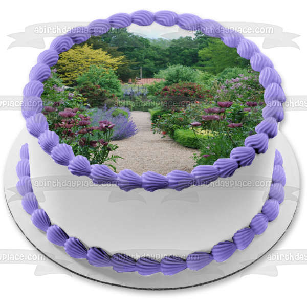 Adorno comestible para tarta con paisaje de flores y árboles, imagen ABPID52584 