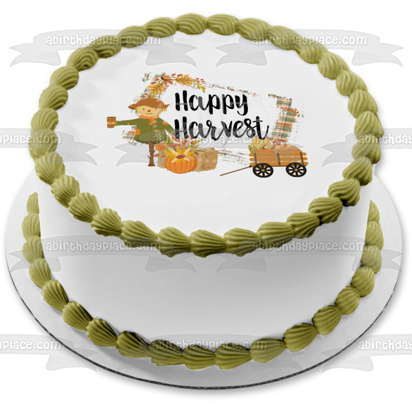 Happy Harvest Pumpkins Scarecrow Corn Cobs Edible Cake Topper Image ABPID52709