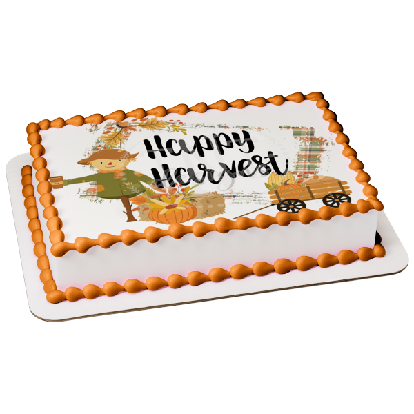 Happy Harvest Pumpkins Scarecrow Corn Cobs Edible Cake Topper Image ABPID52709