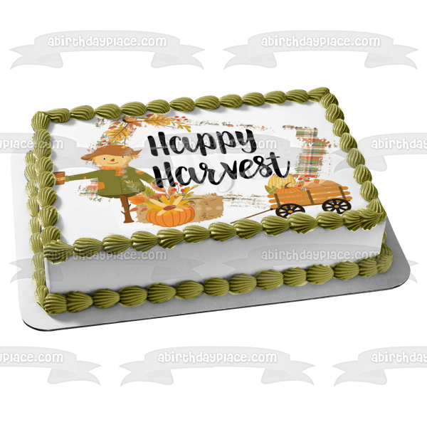 Happy Harvest Pumpkins Scarecrow Corn Cobs Edible Cake Topper Image ABPID52709