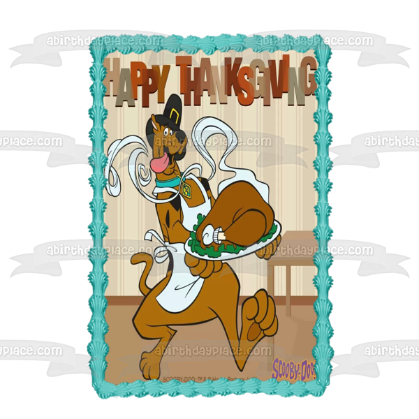 Scooby-Doo Feliz Día de Acción de Gracias Scooby-Doo vestido como un pavo peregrino adorno comestible para pastel Imagen ABPID52724 