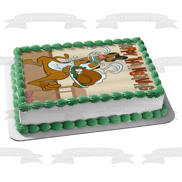 Scooby-Doo Feliz Día de Acción de Gracias Scooby-Doo vestido como un pavo peregrino adorno comestible para pastel Imagen ABPID52724 