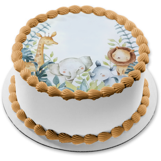 Decoración comestible para tarta con animales salvajes, jirafa, elefante, rinoceronte, león, imagen ABPID52931 