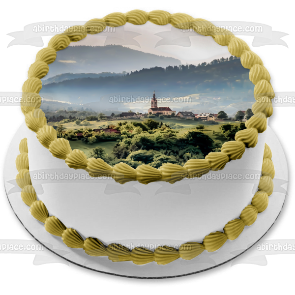 Ciudad rodeada de montañas Imagen comestible para decoración de tarta ABPID52932 