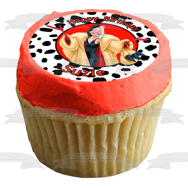 Disney 101 Dálmatas Cruella De Ville Feliz Cumpleaños Tu Nombre Personalizado Edible Cake Topper Imagen ABPID52851 