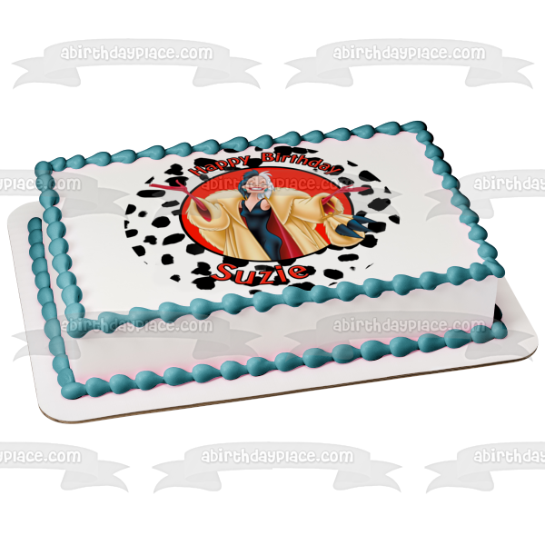 Disney 101 Dálmatas Cruella De Ville Feliz Cumpleaños Tu Nombre Personalizado Edible Cake Topper Imagen ABPID52851 