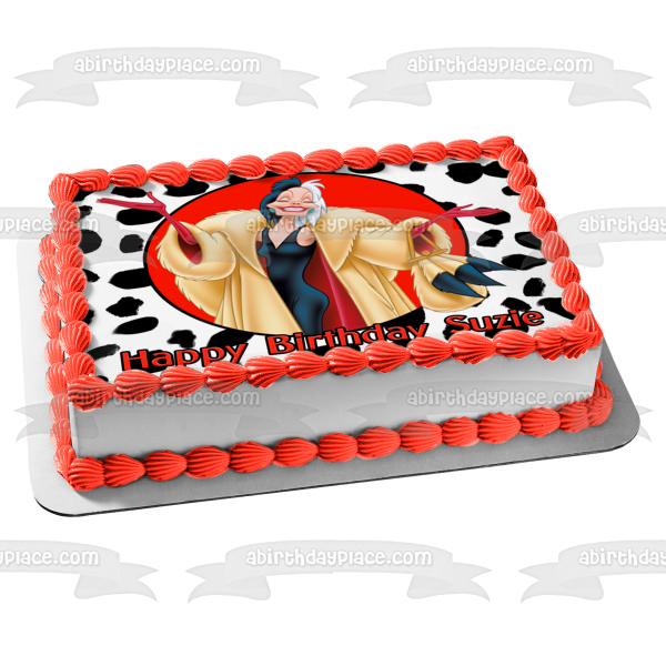 Disney 101 Dálmatas Cruella De Ville Feliz Cumpleaños Tu Nombre Personalizado Edible Cake Topper Imagen ABPID52851 