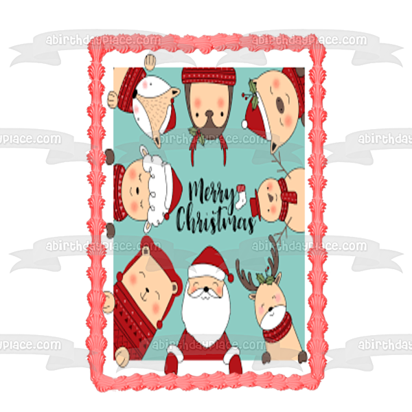 Merry Christmas Cartoon Santa Claus Mrs. Santa Claus Reindeer Snowman Edible Cake Topper Image ABPID53032