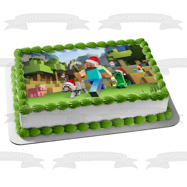 Minecraft Feliz Navidad Steve Creeper Cerdo Perro Papá Noel Sombreros Adorno comestible para tarta Imagen ABPID53047 