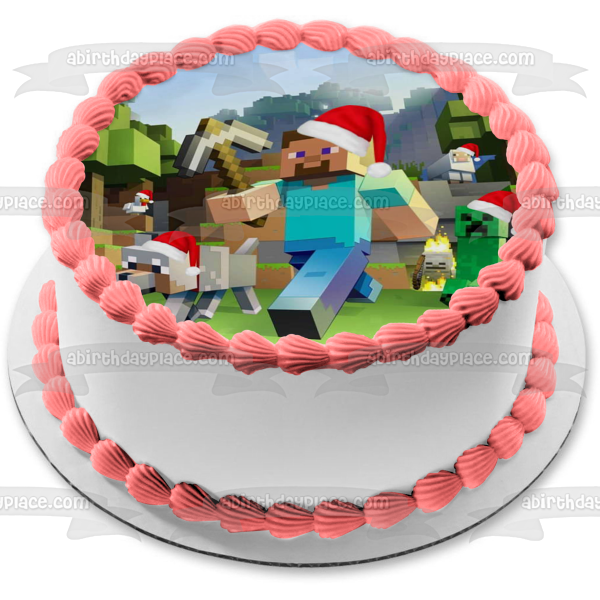 Minecraft Feliz Navidad Steve Creeper Cerdo Perro Papá Noel Sombreros Adorno comestible para tarta Imagen ABPID53047 