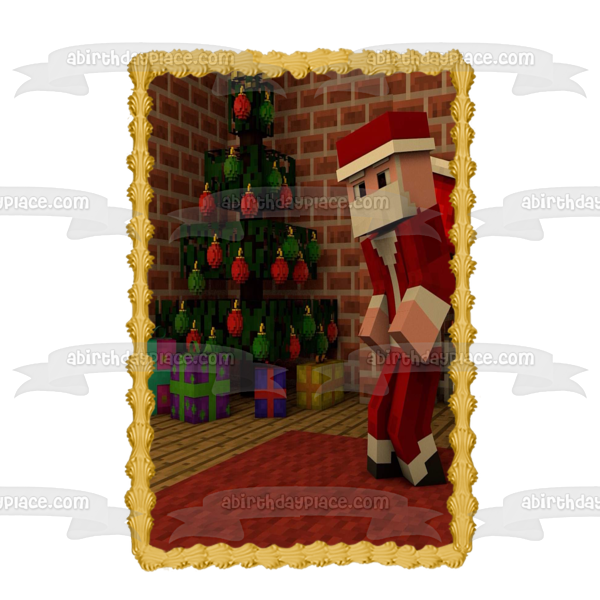 Minecraft Merry Christmas Minecraft Santa Claus Christmas Tree and Presents Edible Cake Topper Image ABPID53051