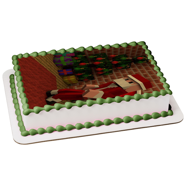 Minecraft Merry Christmas Minecraft Santa Claus Christmas Tree and Presents Edible Cake Topper Image ABPID53051