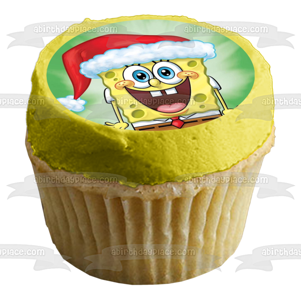 Adorno comestible para tarta con gorro de Papá Noel de Bob Esponja, Feliz Navidad, imagen ABPID53056 