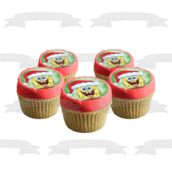 SpongeBob SquarePants Merry Christmas Santa Hat Edible Cake Topper Image ABPID53056