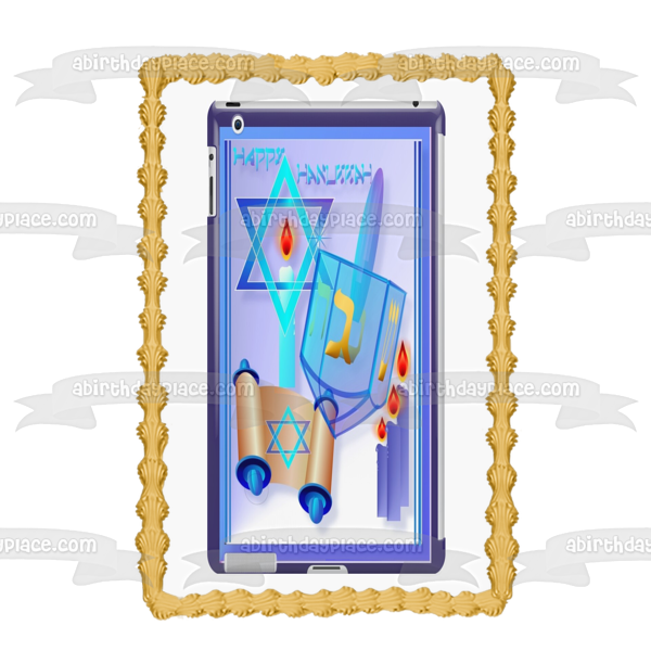 Happy Hanukkah Candles Dreidel Star of David Edible Cake Topper Image ABPID53067