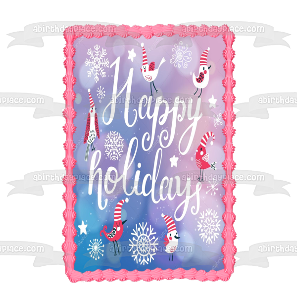 Happy Holidays Snowflakes Birds with Santa Hats Edible Cake Topper Image ABPID53070