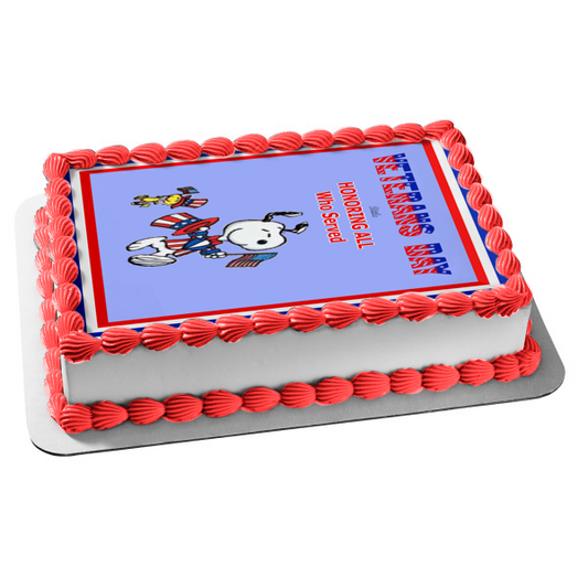 Día de los Veteranos en honor a todos los que sirvieron Peanuts Snoopy Woodstock Bandera estadounidense Decoración comestible para tarta Imagen ABPID53302 