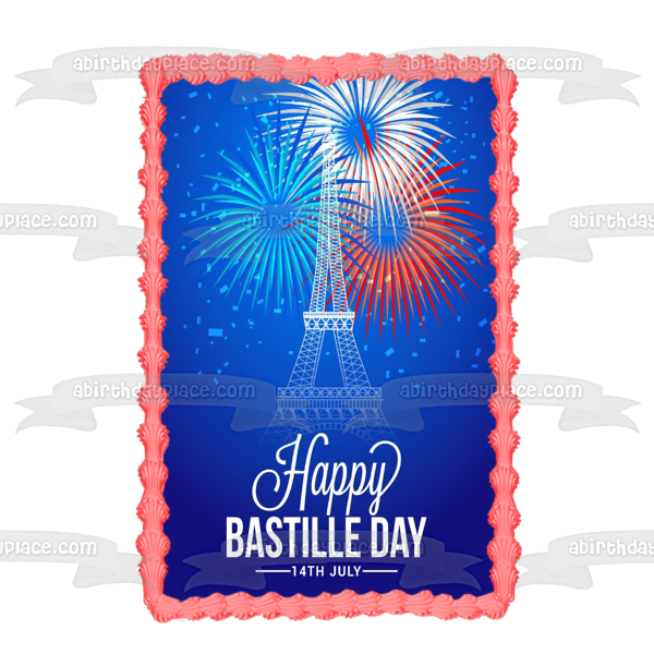 Feliz Día de la Bastilla 14 de julio Fuegos artificiales de la Torre Eiffel Imagen comestible para decoración de tarta ABPID54125 