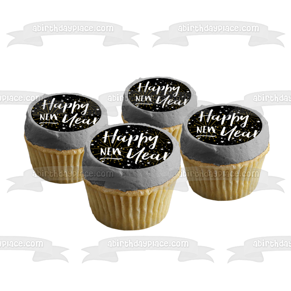 Happy New Year Silver and Gold Stars Edible Cake Topper Image ABPID53178