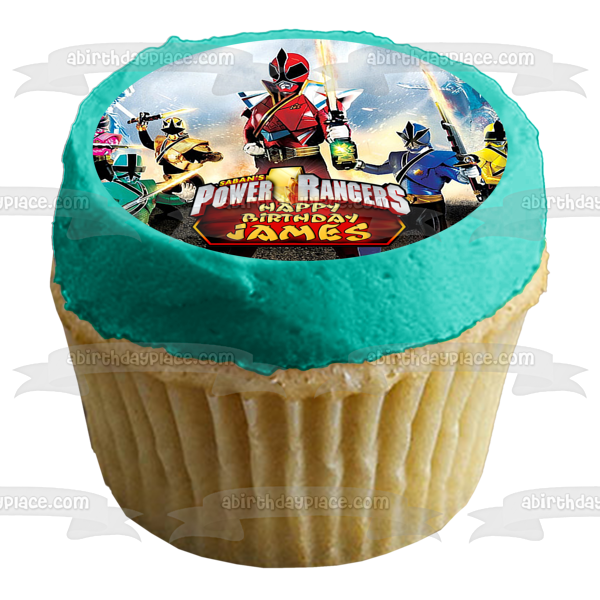 Power Rangers Super Samurai Happy Birthday Customizable Red Samurai Green Samurai Pink Samurai Yellow Samurai Blue Samurai Gold Samurai Edible Cake Topper Image ABPID53500