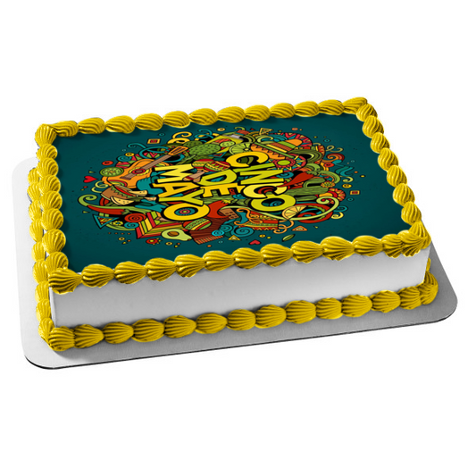 Cinco De Mayo Sombrero Cactus Maracas Chili Peppers Edible Cake Topper Imagen ABPID53796 