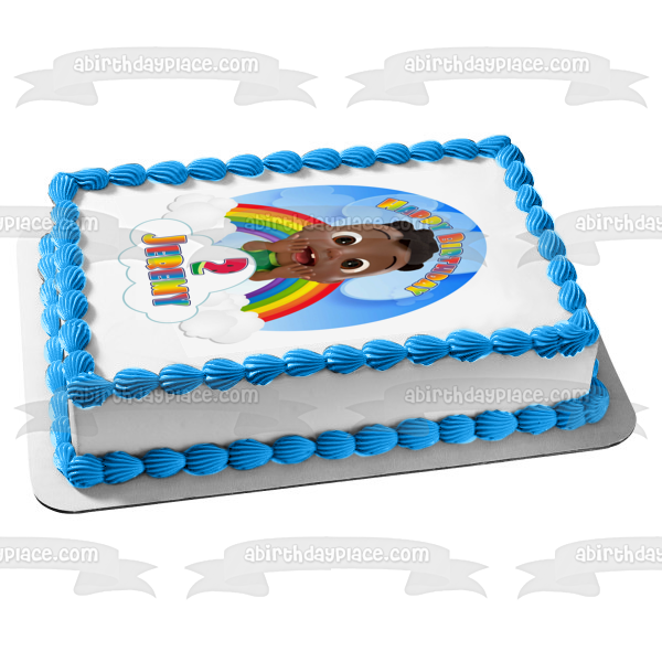 Cocomelon Cody Rainbow Clouds Feliz cumpleaños Tu nombre personalizado Imagen comestible para decoración de tarta ABPID54031 