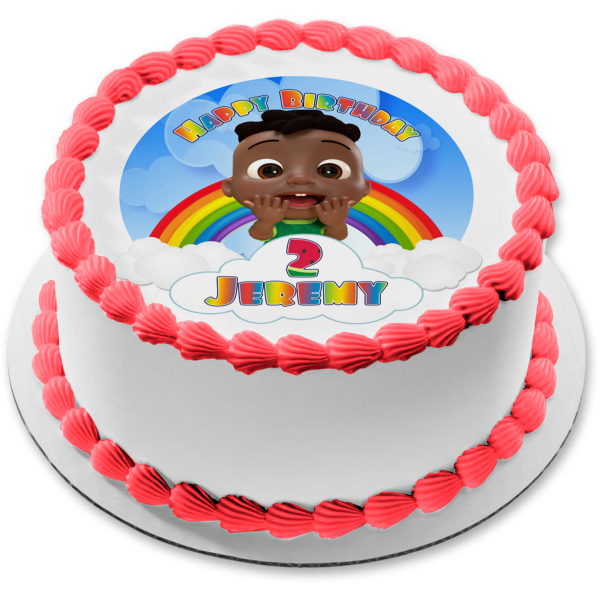 Cocomelon Cody Rainbow Clouds Feliz cumpleaños Tu nombre personalizado Imagen comestible para decoración de tarta ABPID54031 