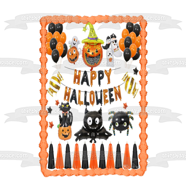 Happy Halloween Jack-O-Lanterns Spiders Ghosts Black Cat Edible Cake Topper Image ABPID54317