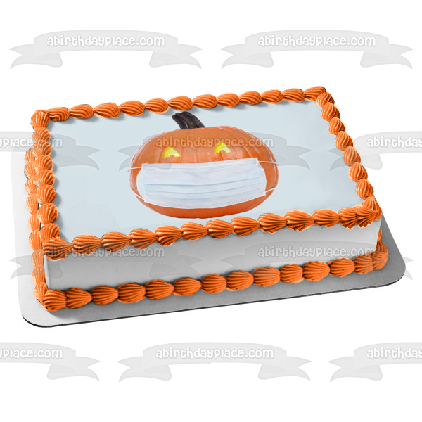 Feliz Halloween en cuarentena Calabaza con mascarilla Imagen de adorno comestible para pastel ABPID54319 