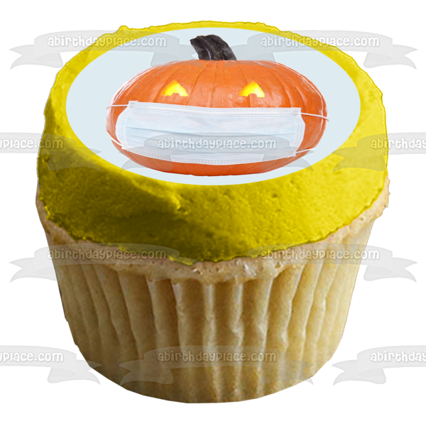 Feliz Halloween en cuarentena Calabaza con mascarilla Imagen de adorno comestible para pastel ABPID54319 