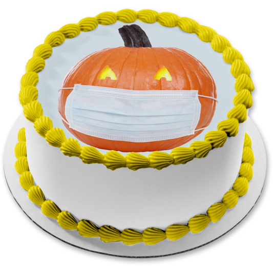 Happy Halloween In Quarantine Pumpkin with a Face Mask Edible Cake Topper Image ABPID54319