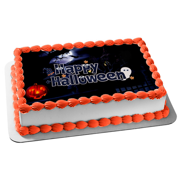 Happy Halloween Scary Jack-O-Lantern Ghosts Edible Cake Topper Image ABPID54320