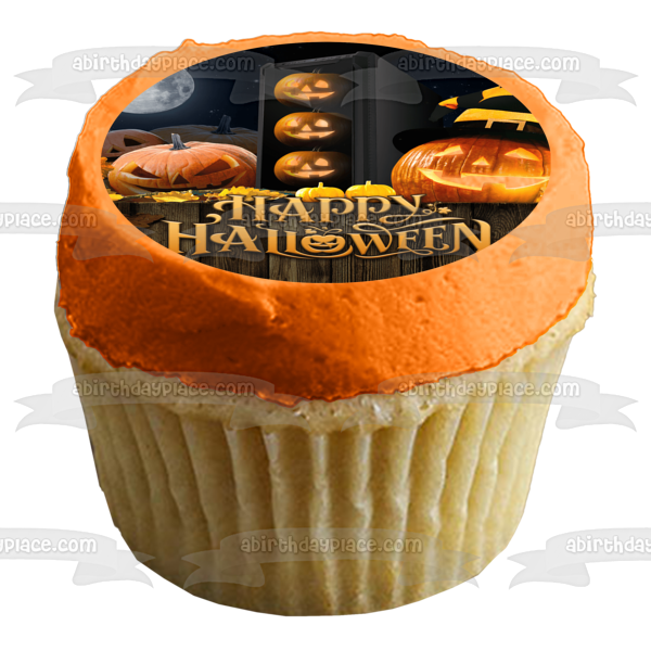 Adorno comestible para tarta con diseño de Jack-O-Lanterns de Happy Halloween, imagen ABPID54327 