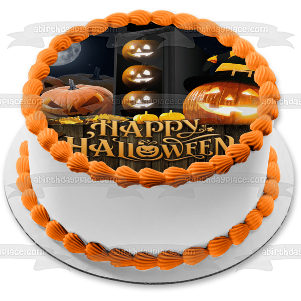 Adorno comestible para tarta con diseño de Jack-O-Lanterns de Happy Halloween, imagen ABPID54327 