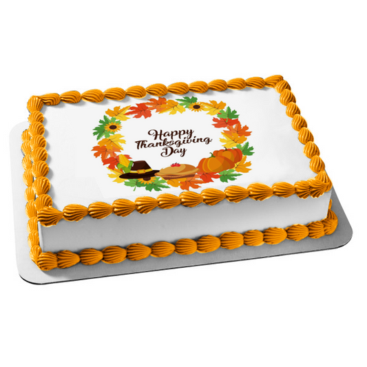 Happy Thanksgiving Day Pumpkins Pies Sunflowers Edible Cake Topper Image ABPID54354