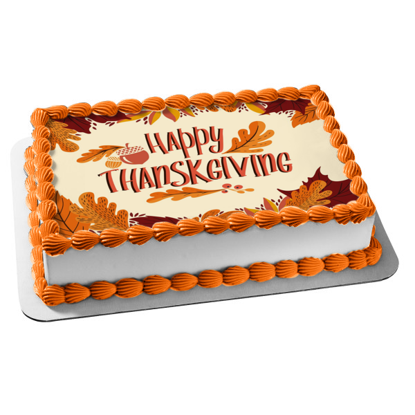 Happy Thanksgiving Fall Colored Leaves Edible Cake Topper Image ABPID54355