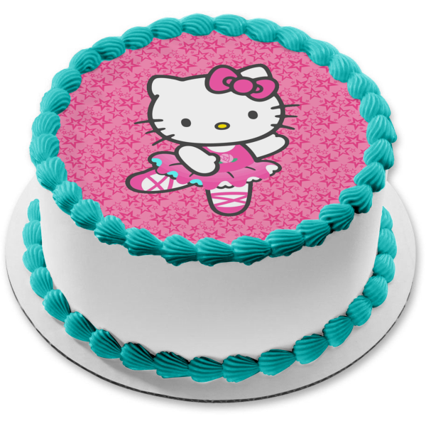 Hello Kitty Ballerina Dancing on Pink Starry Background Edible Cake Topper Image ABPID00138