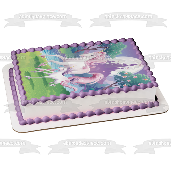 Unicorns Mom and Baby Trees Castle Moonlight Edible Cake Topper Image ABPID00208