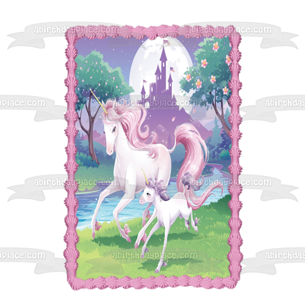 Unicorns Mom and Baby Trees Castle Moonlight Edible Cake Topper Image ABPID00208