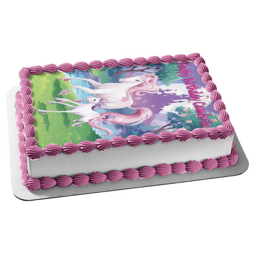 Unicornios, mamá y bebé, árboles, castillo, luz de luna, decoración comestible para tarta, imagen ABPID00208 