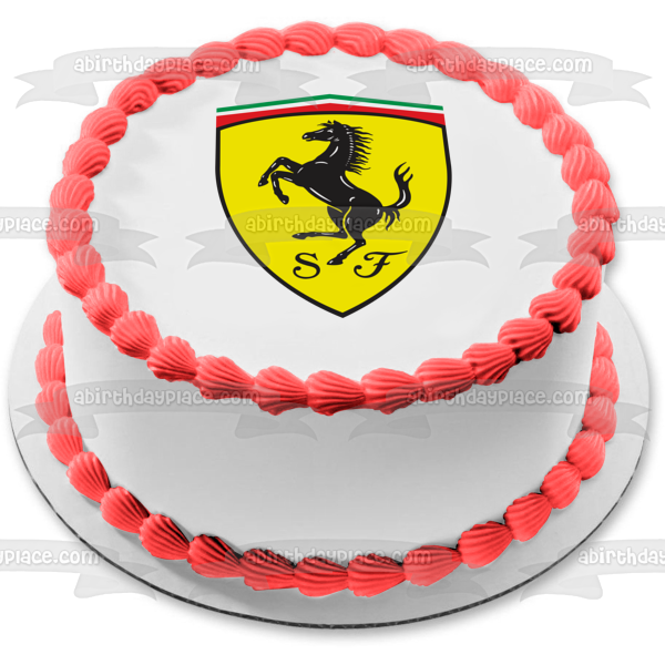 Logotipo de Ferrari, caballo rampante negro, fondo amarillo, decoración comestible para tarta, imagen ABPID00221 