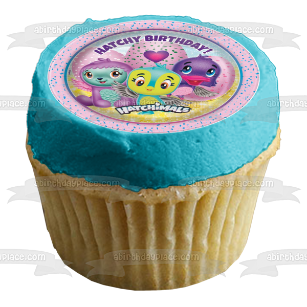 Hatchy Cumpleaños Hatchimals Corazones Fondo Púrpura Imagen Comestible Para Pastel ABPID00201 