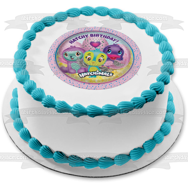 Hatchy Cumpleaños Hatchimals Corazones Fondo Púrpura Imagen Comestible Para Pastel ABPID00201 