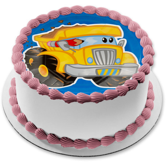 Construction Yellow Dump Truck Pencil Blue Background Edible Cake Topper Image ABPID00271