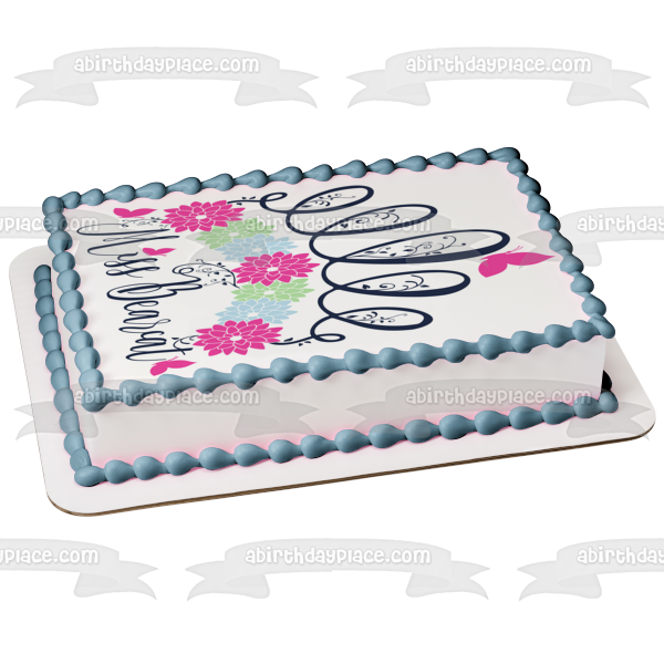 Miss Bearcat Flowers Butterfly Pink Blue Green Edible Cake Topper Image ABPID00818