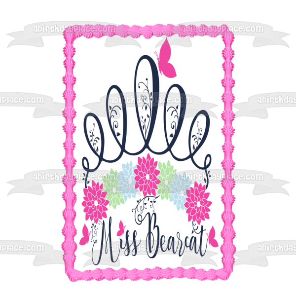 Miss Bearcat Flowers Butterfly Pink Blue Green Edible Cake Topper Image ABPID00818